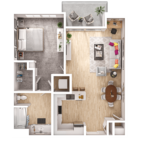 Floor plan for 1 bed, 1 bath, 640 sqft